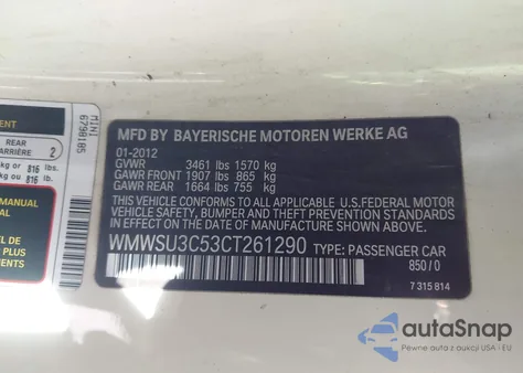 2012 Mini Cooper z USA, uszkodzony, nr VIN WMWSU3C53CT261290